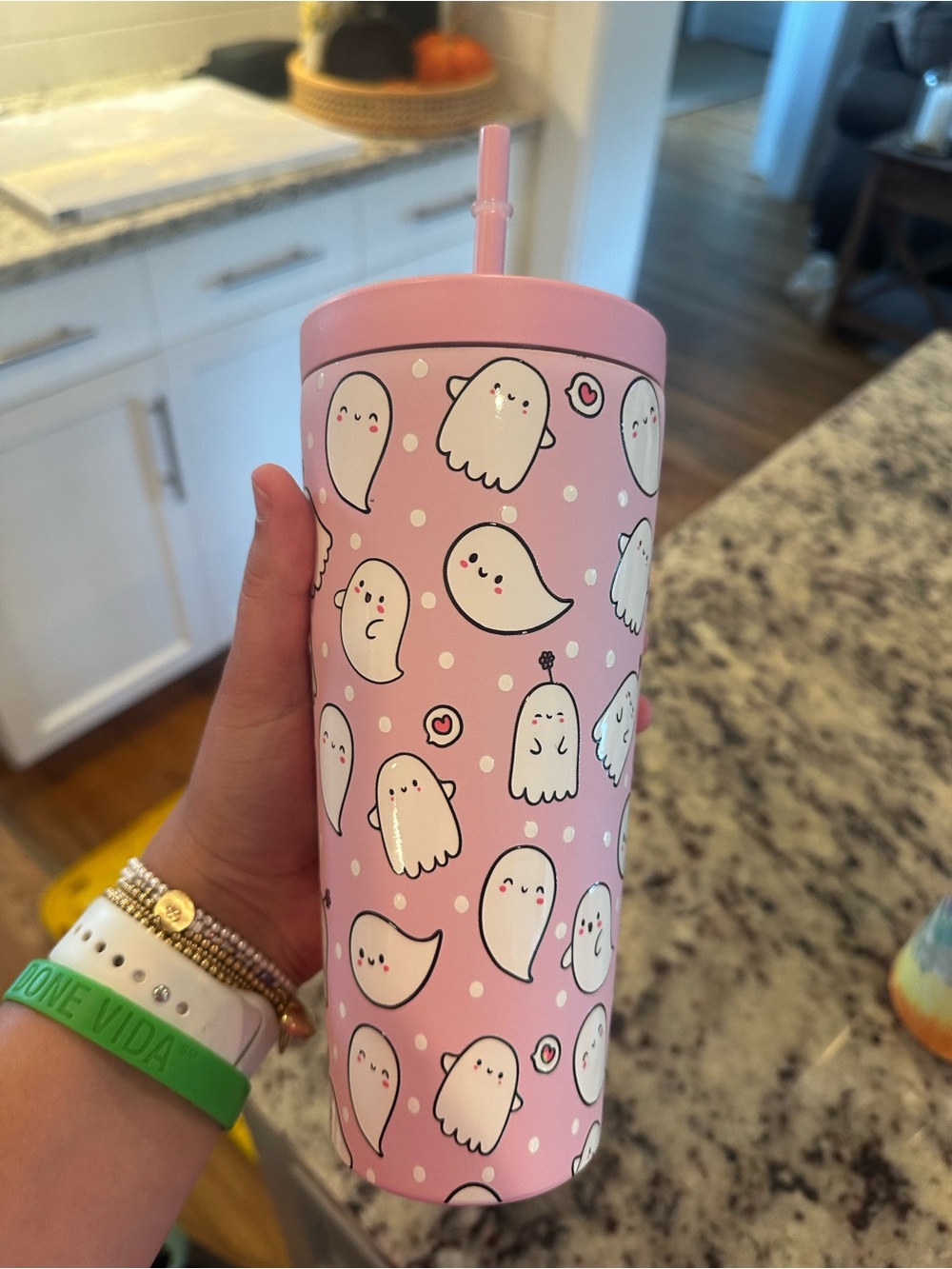 Pink Ghost-Print Tumbler with Straw - Brand Unknown